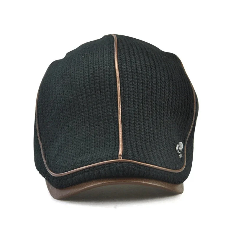 (image for) Collrown Knitted Berets Patchwork Leather Brim Men Flat Cap Retro Visor Hat Autumn Winter Warmer Casual Crochet Hat Forward Cap