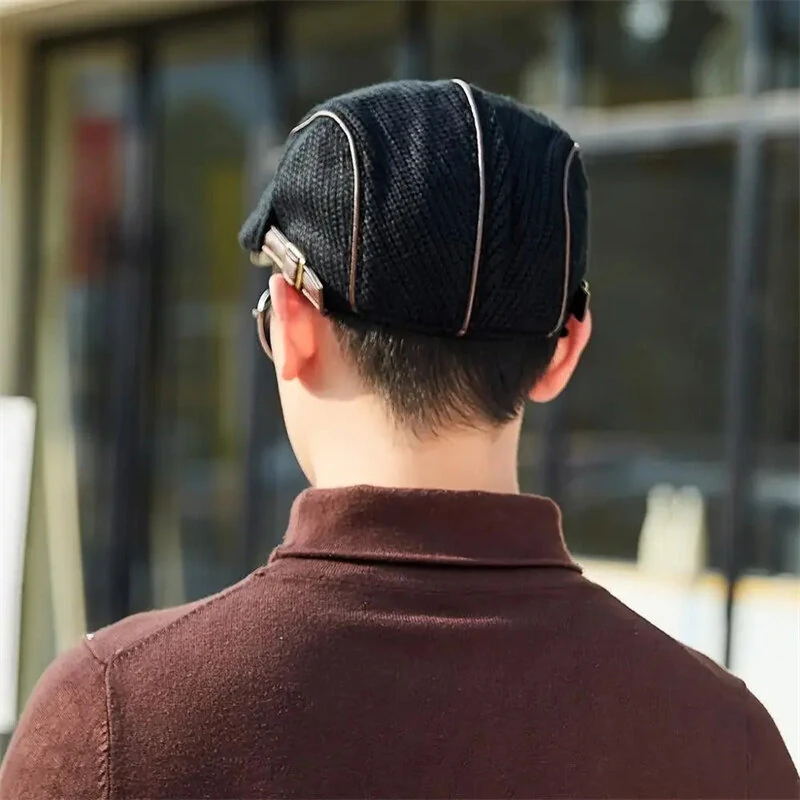 (image for) Collrown Knitted Berets Patchwork Leather Brim Men Flat Cap Retro Visor Hat Autumn Winter Warmer Casual Crochet Hat Forward Cap